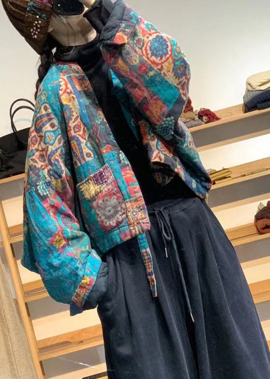 Vintage Flower Colour V Neck Pockets Print Linen Parka Batwing Sleeve - Down Jackets - DYAVOR®