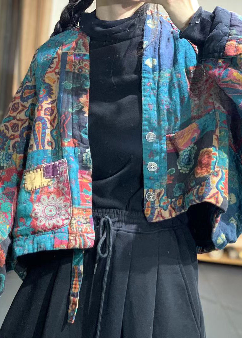 Vintage Flower Colour V Neck Pockets Print Linen Parka Batwing Sleeve - Down Jackets - DYAVOR®