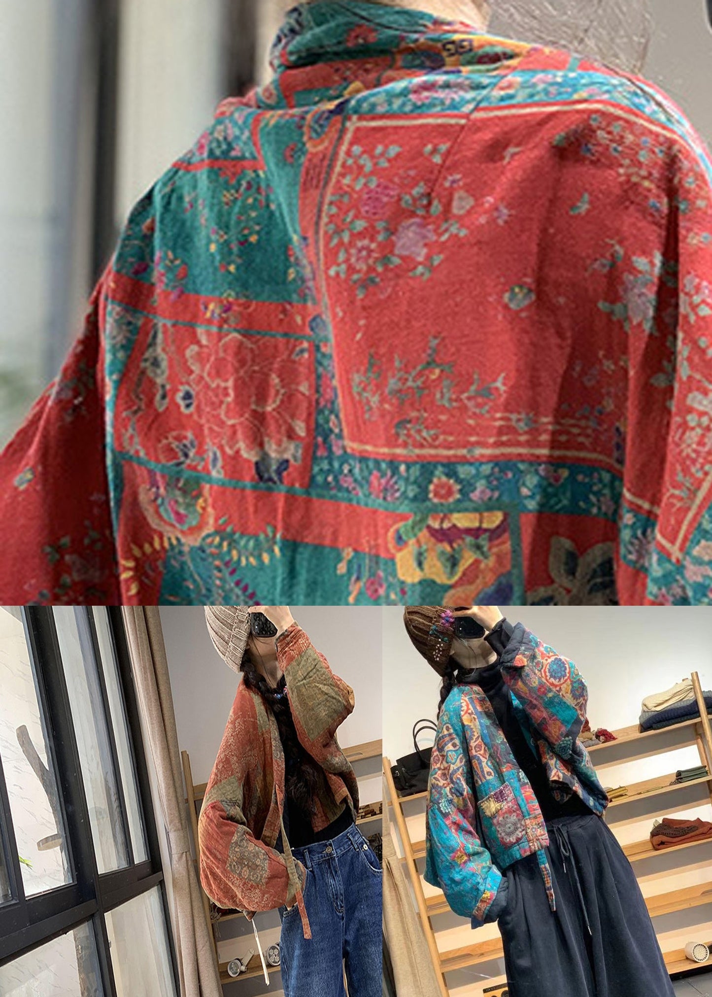 Vintage Flower Colour V Neck Pockets Print Linen Parka Batwing Sleeve - Down Jackets - DYAVOR®