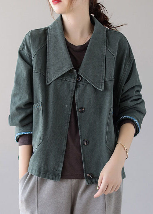 Vintage Green Button Patchwork Pockets Fall Denim Coat - Down Jackets - DYAVOR®