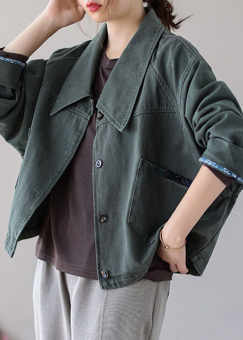 Vintage Green Button Patchwork Pockets Fall Denim Coat - Down Jackets - DYAVOR®