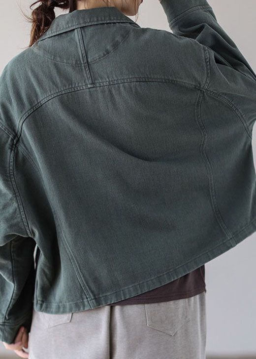 Vintage Green Button Patchwork Pockets Fall Denim Coat - Down Jackets - DYAVOR®