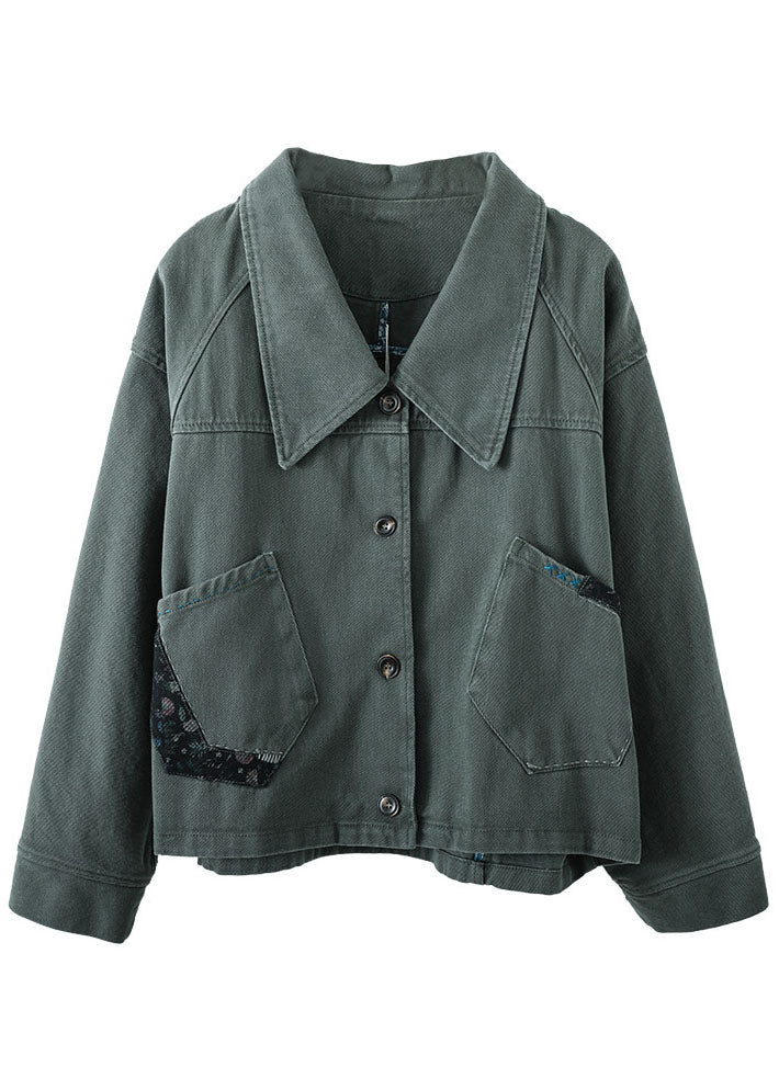 Vintage Green Button Patchwork Pockets Fall Denim Coat - Down Jackets - DYAVOR®