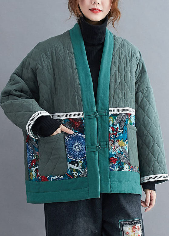 Vintage Green Embroideried Patchwork Fine Cotton Filled Winter Coats - Down Jackets - DYAVOR®