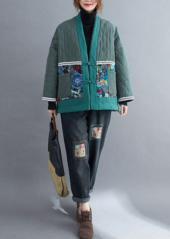 Vintage Green Embroideried Patchwork Fine Cotton Filled Winter Coats - Down Jackets - DYAVOR®