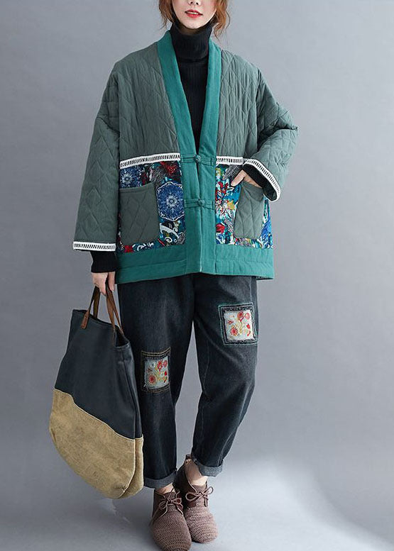 Vintage Green Embroideried Patchwork Fine Cotton Filled Winter Coats - Down Jackets - DYAVOR®