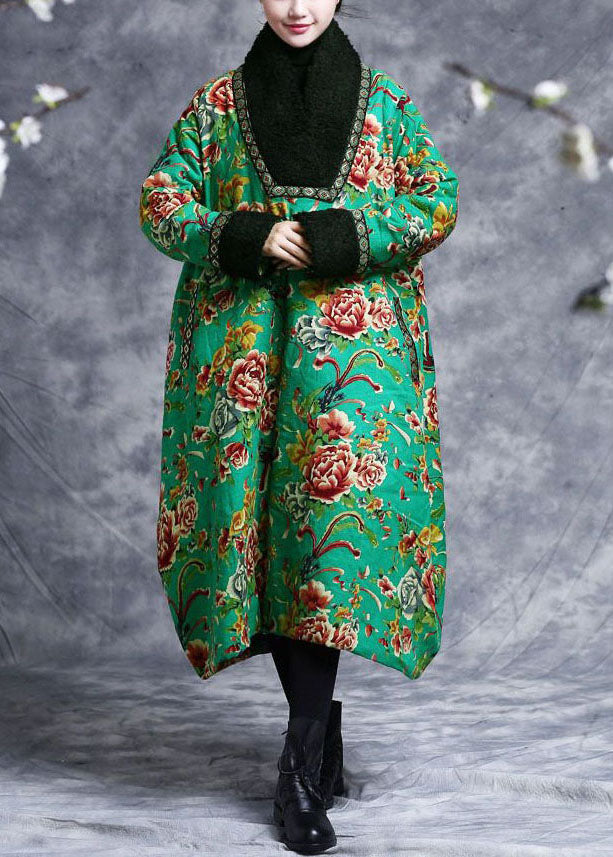 Vintage Green V Neck Patchwork Teddy Faux Fur Fine Cotton Filled Dress Caftan Winter - Down Jackets - DYAVOR®