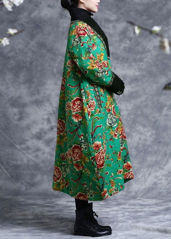 Vintage Green V Neck Patchwork Teddy Faux Fur Fine Cotton Filled Dress Caftan Winter - Down Jackets - DYAVOR®