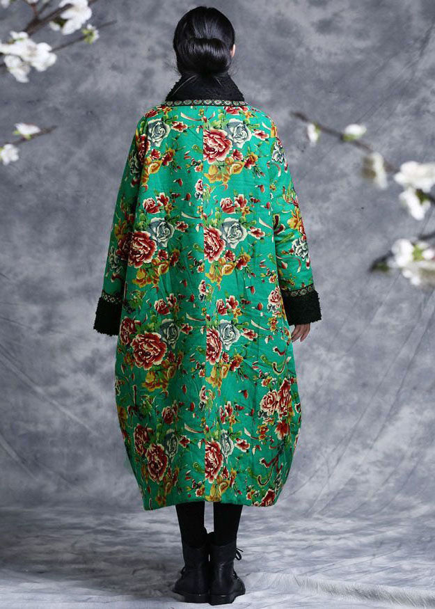 Vintage Green V Neck Patchwork Teddy Faux Fur Fine Cotton Filled Dress Caftan Winter - Down Jackets - DYAVOR®