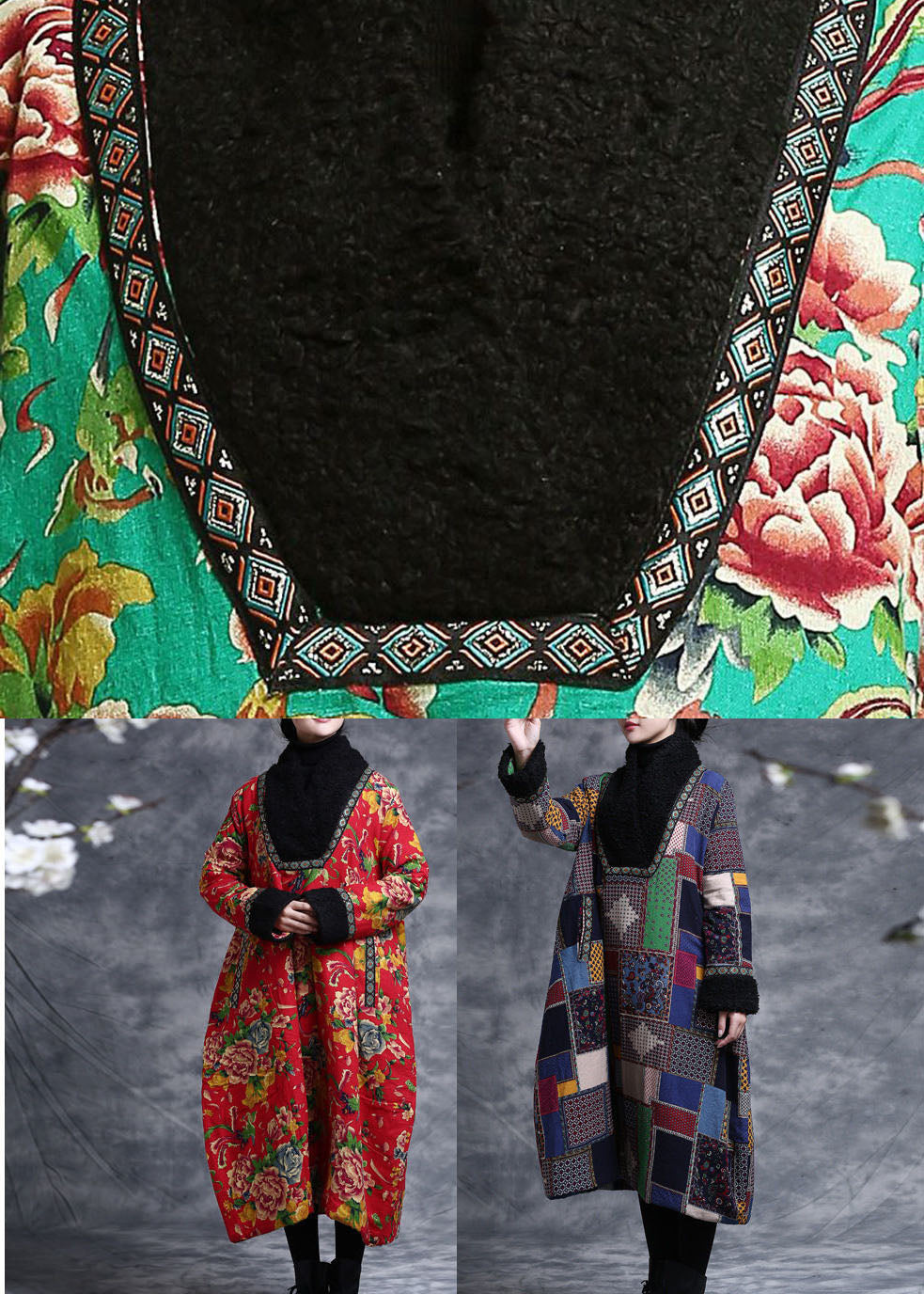 Vintage Green V Neck Patchwork Teddy Faux Fur Fine Cotton Filled Dress Caftan Winter - Down Jackets - DYAVOR®