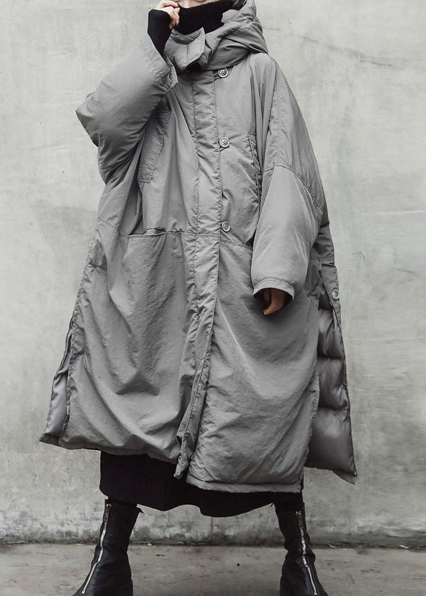 Vintage Grey hooded Pockets side open Thick Winter Cotton coat - Down Jackets - DYAVOR®