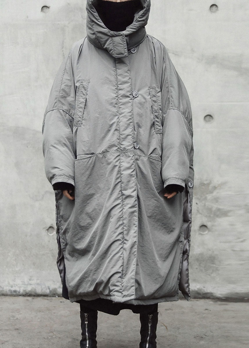 Vintage Grey hooded Pockets side open Thick Winter Cotton coat - Down Jackets - DYAVOR®