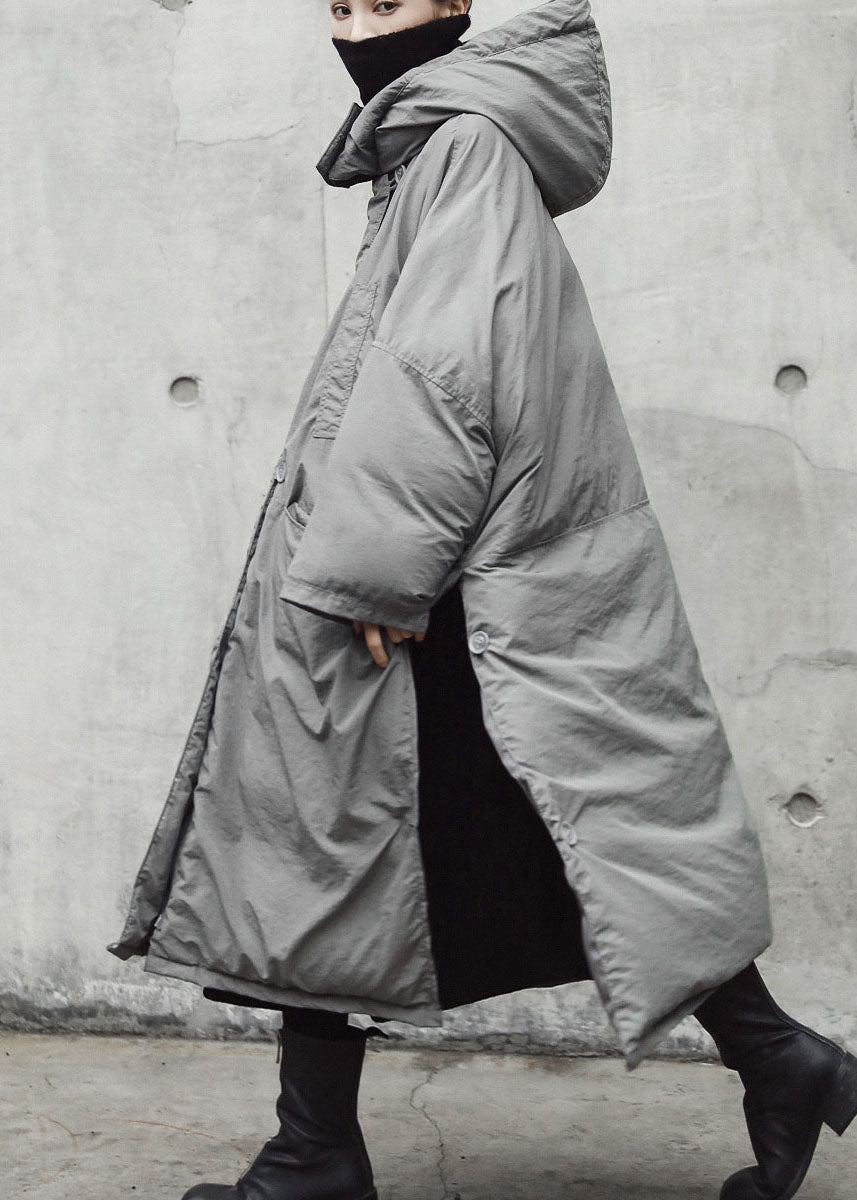 Vintage Grey hooded Pockets side open Thick Winter Cotton coat - Down Jackets - DYAVOR®