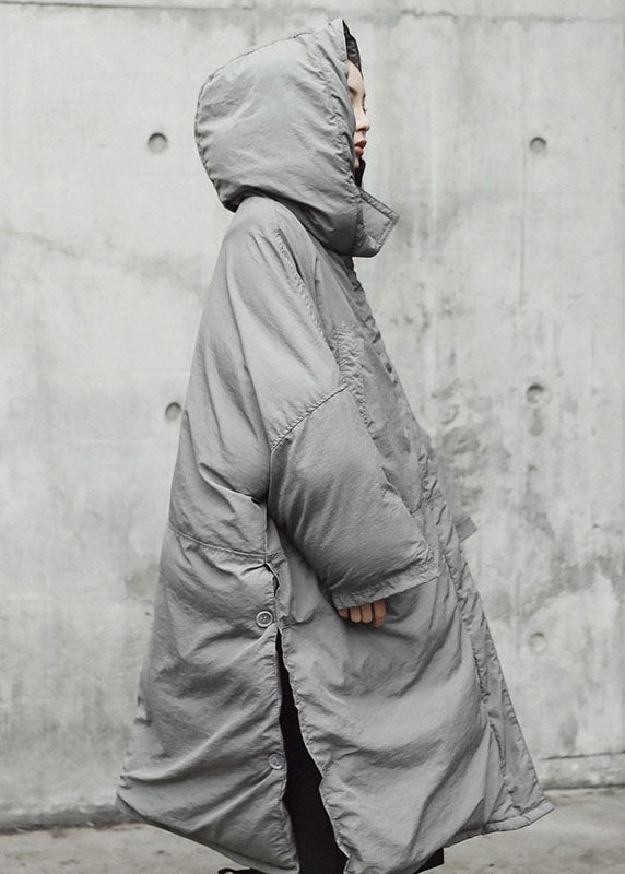 Vintage Grey hooded Pockets side open Thick Winter Cotton coat - Down Jackets - DYAVOR®