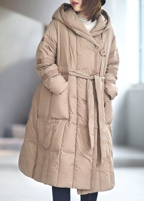 Vintage Khaki Button Pockets tie waist Winter Duck Down Coat - Down Jackets - DYAVOR®