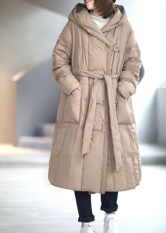 Vintage Khaki Button Pockets tie waist Winter Duck Down Coat - Down Jackets - DYAVOR®