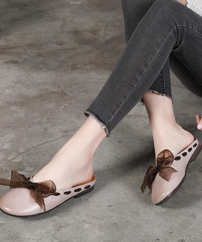 Vintage Lace Up Flat Shoes Brown Cowhide Leather Slippers - Slide Sandals - DYAVOR®