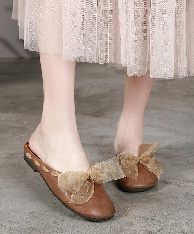 Vintage Lace Up Flat Shoes Brown Cowhide Leather Slippers - Slide Sandals - DYAVOR®
