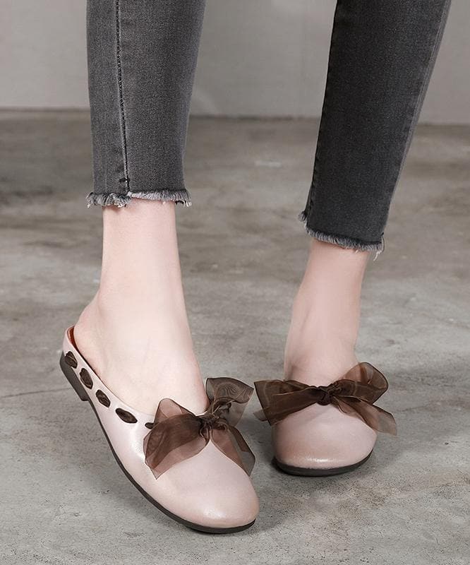 Vintage Lace Up Flat Shoes Brown Cowhide Leather Slippers - Slide Sandals - DYAVOR®