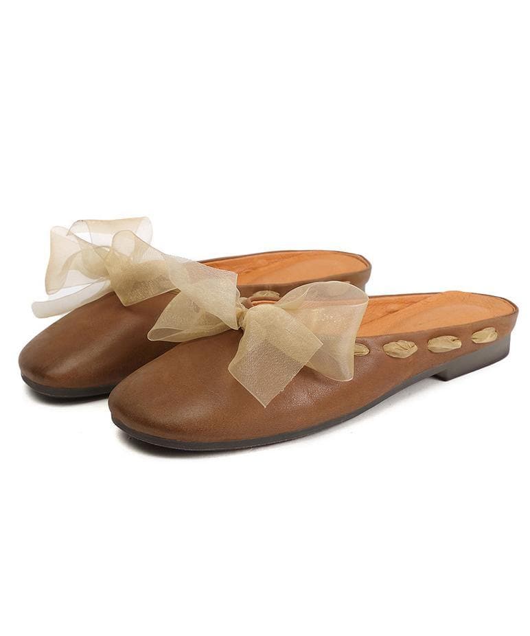 Vintage Lace Up Flat Shoes Brown Cowhide Leather Slippers - Slide Sandals - DYAVOR®
