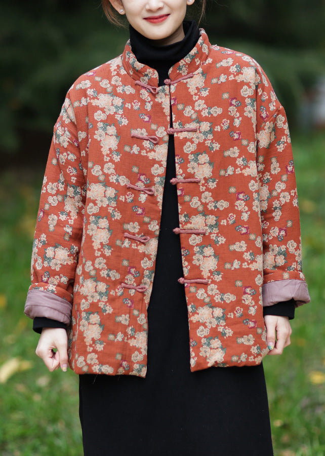 Vintage Orange Stand Collar Print Warm Fleece Parka Winter - Down Jackets - DYAVOR®