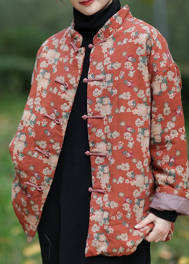 Vintage Orange Stand Collar Print Warm Fleece Parka Winter - Down Jackets - DYAVOR®