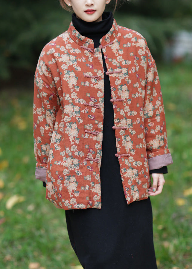 Vintage Orange Stand Collar Print Warm Fleece Parka Winter - Down Jackets - DYAVOR®