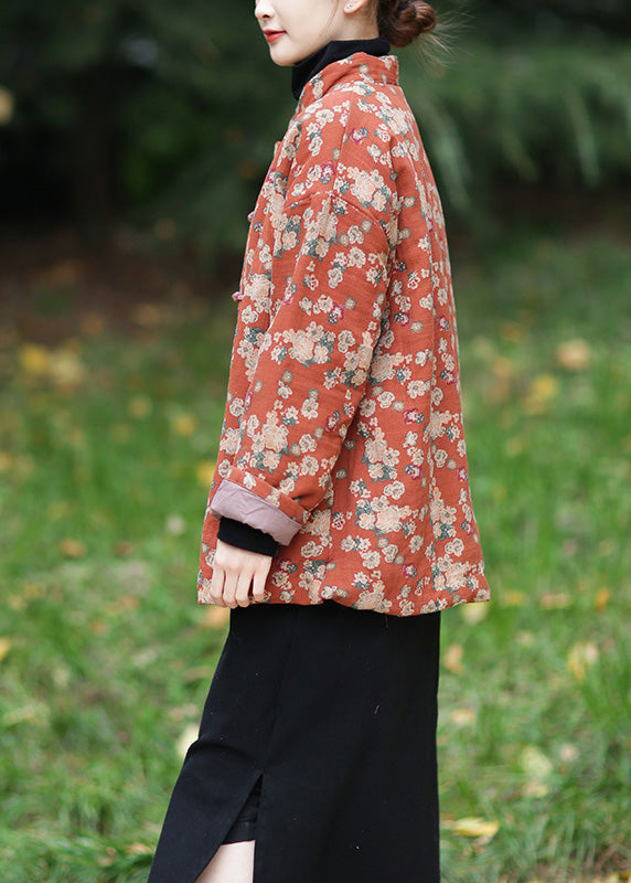 Vintage Orange Stand Collar Print Warm Fleece Parka Winter - Down Jackets - DYAVOR®