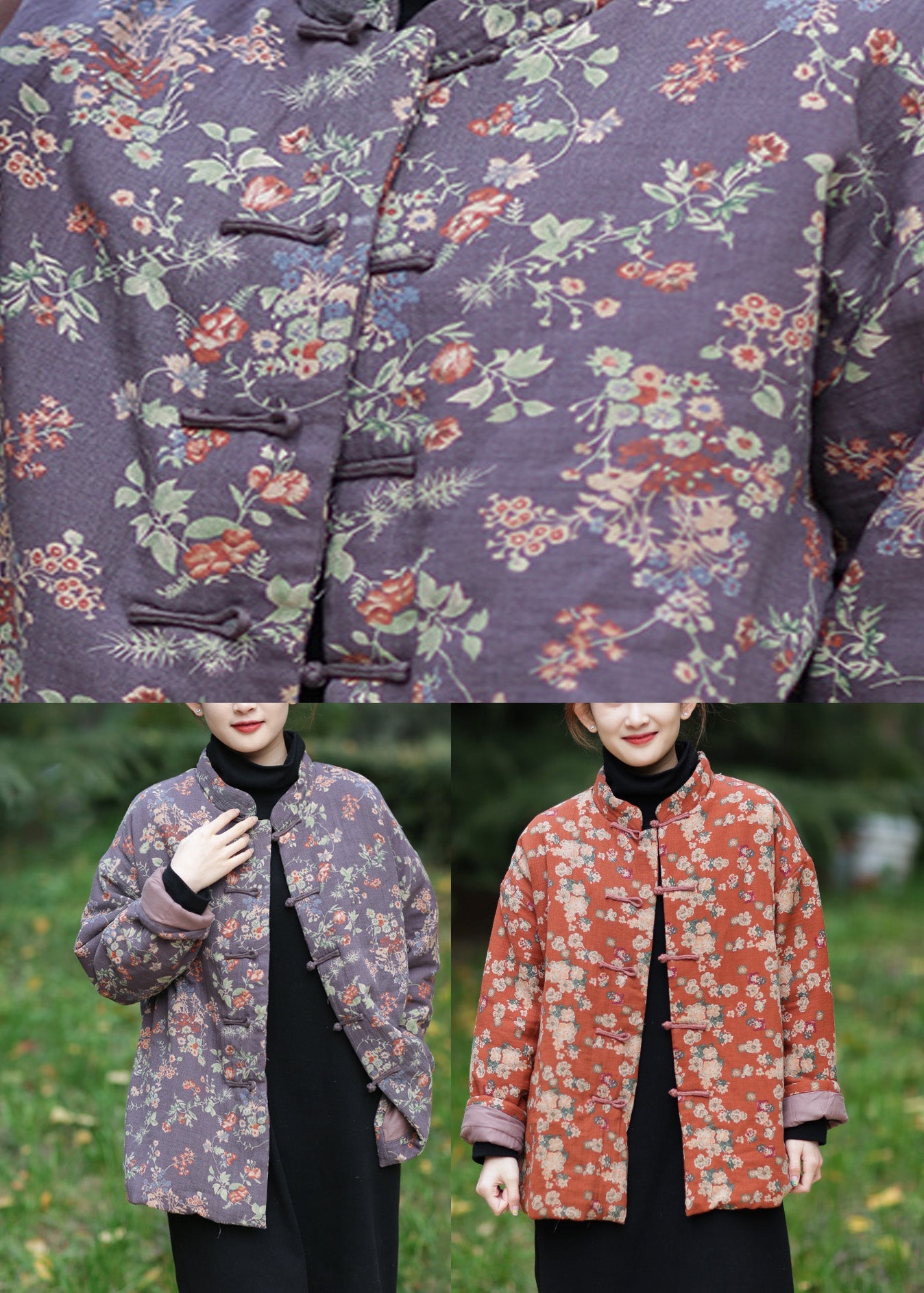 Vintage Orange Stand Collar Print Warm Fleece Parka Winter - Down Jackets - DYAVOR®