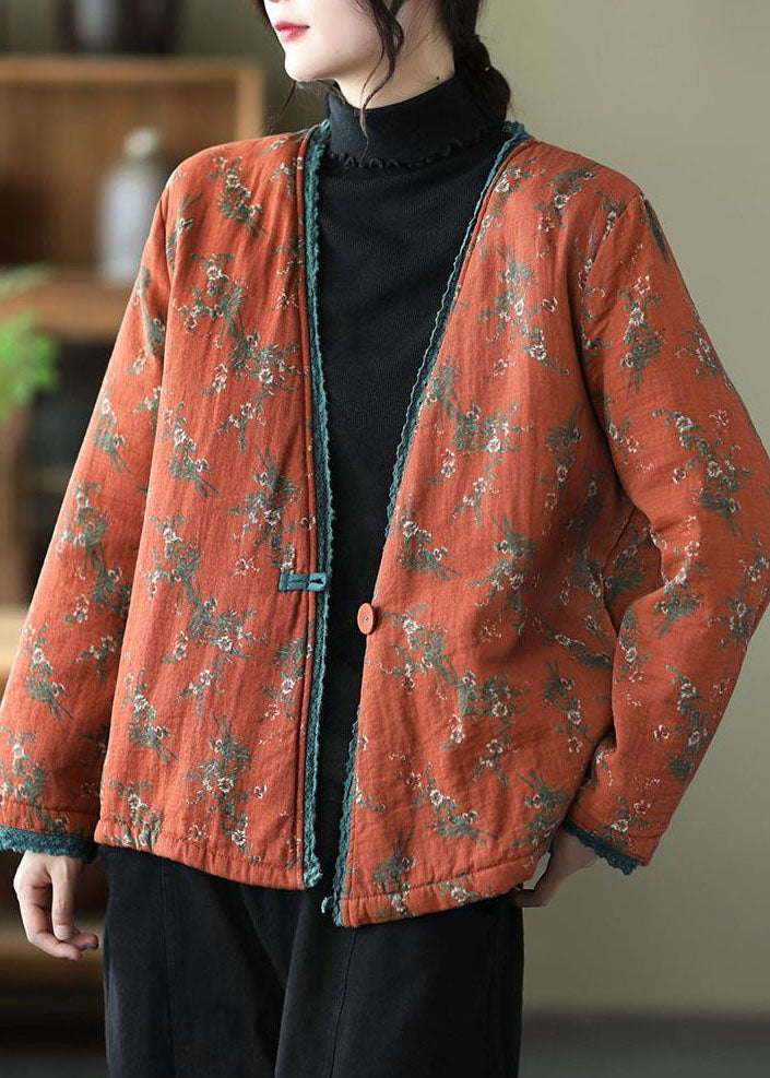 Vintage Orange V Neck Print Fine Cotton Filled Cardigan Winter - Down Jackets - DYAVOR®