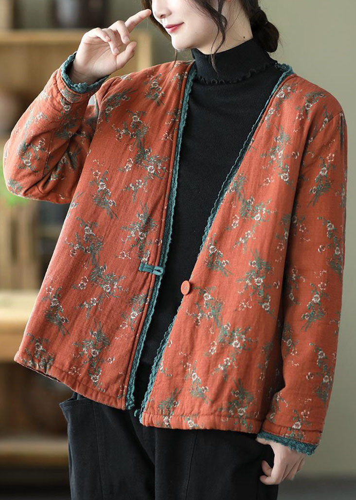 Vintage Orange V Neck Print Fine Cotton Filled Cardigan Winter - Down Jackets - DYAVOR®