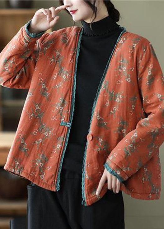 Vintage Orange V Neck Print Fine Cotton Filled Cardigan Winter - Down Jackets - DYAVOR®