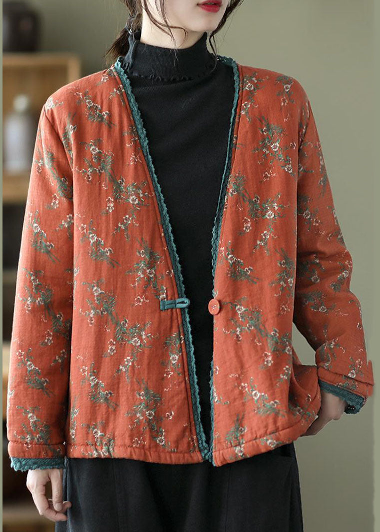 Vintage Orange V Neck Print Fine Cotton Filled Cardigan Winter - Down Jackets - DYAVOR®