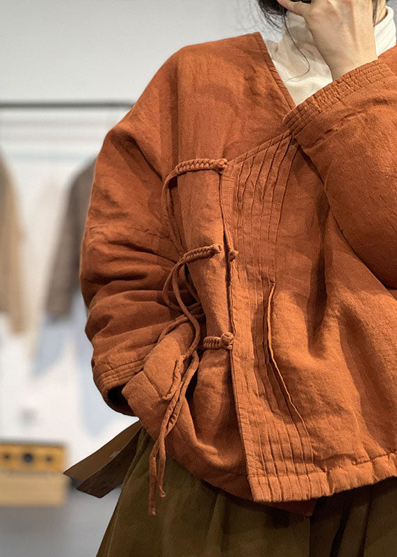 Vintage Orange V Neck Solid Wrinkled Fine Cotton Filled Winter Coats - Down Jackets - DYAVOR®