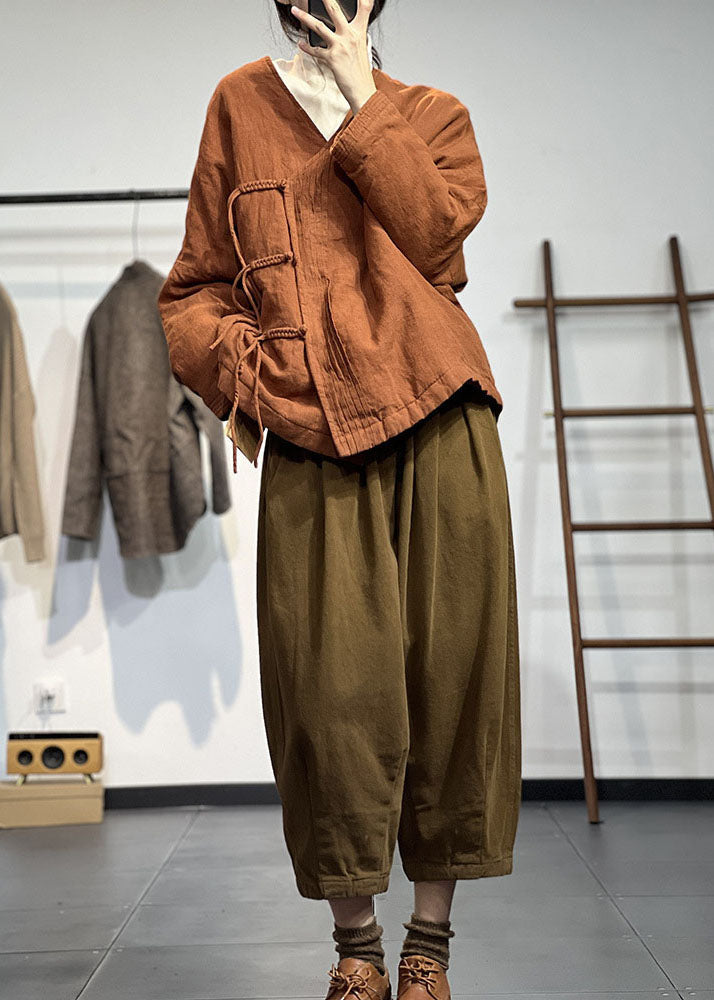 Vintage Orange V Neck Solid Wrinkled Fine Cotton Filled Winter Coats - Down Jackets - DYAVOR®