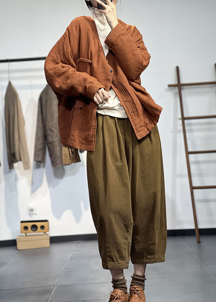 Vintage Orange V Neck Solid Wrinkled Fine Cotton Filled Winter Coats - Down Jackets - DYAVOR®