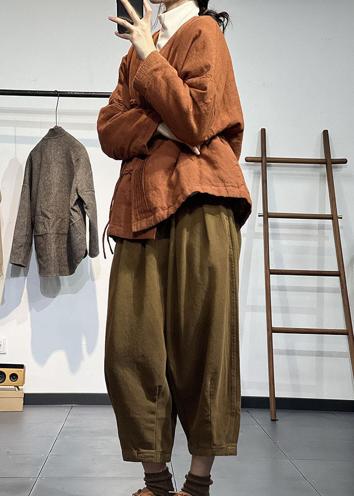 Vintage Orange V Neck Solid Wrinkled Fine Cotton Filled Winter Coats - Down Jackets - DYAVOR®