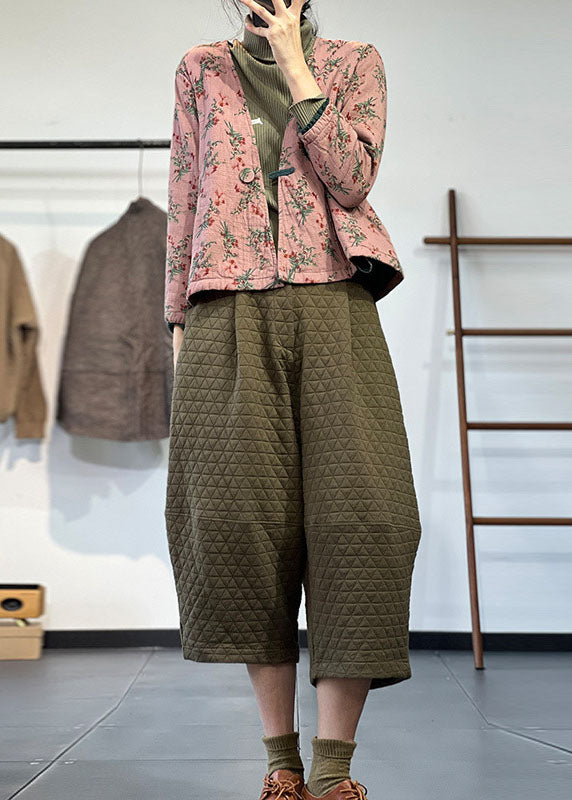 Vintage Pink V Neck Print Fine Cotton Filled Parka Jacket Winter - Down Jackets - DYAVOR®