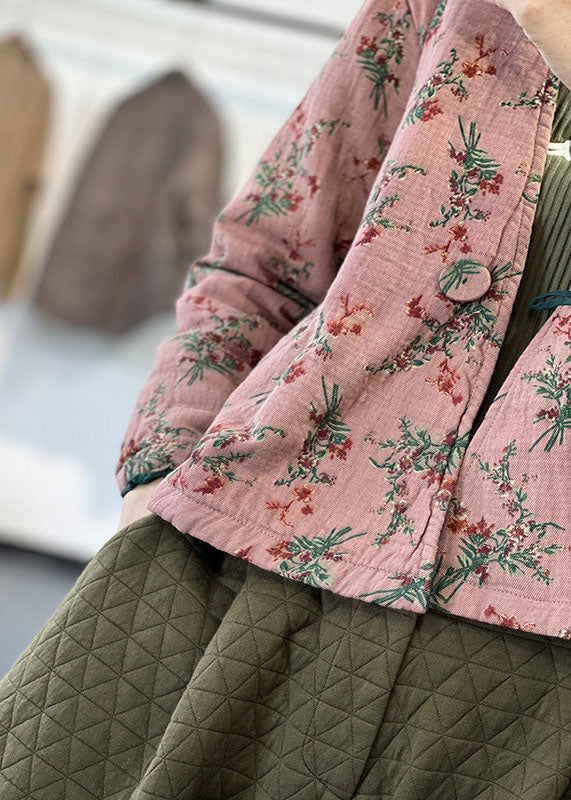 Vintage Pink V Neck Print Fine Cotton Filled Parka Jacket Winter - Down Jackets - DYAVOR®