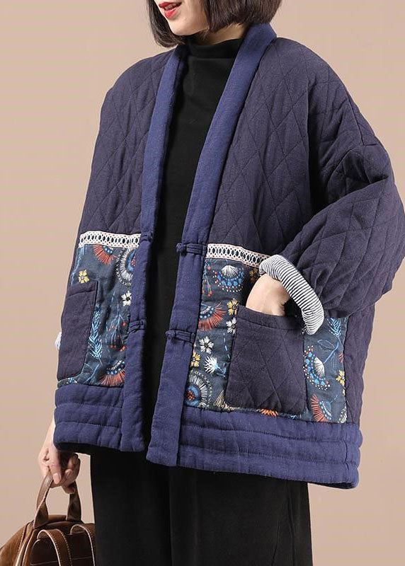 Vintage Purple V Neck Patchwork Print Fine Cotton Filled Parkas Winter - Down Jackets - DYAVOR®