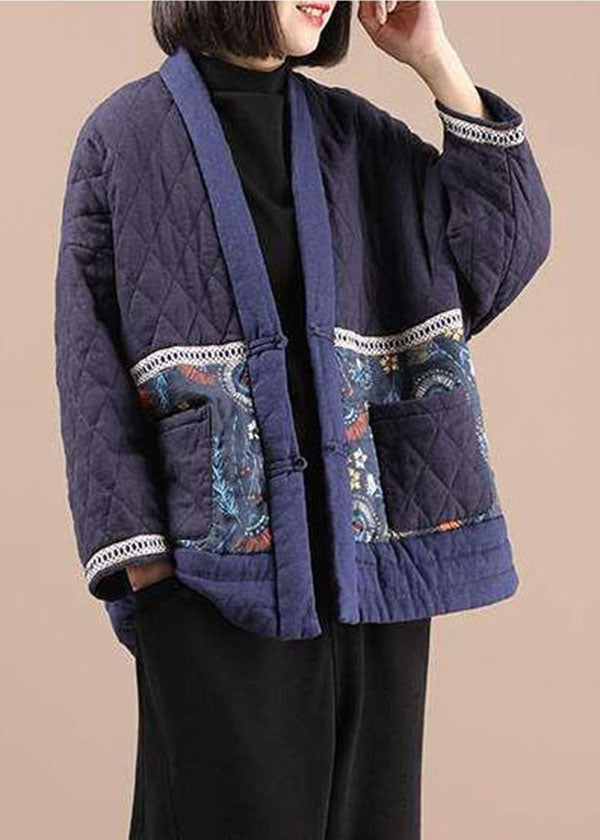 Vintage Purple V Neck Patchwork Print Fine Cotton Filled Parkas Winter - Down Jackets - DYAVOR®