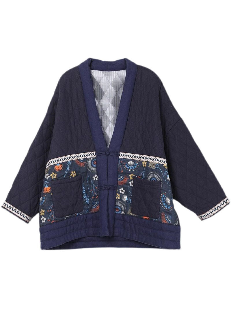 Vintage Purple V Neck Patchwork Print Fine Cotton Filled Parkas Winter - Down Jackets - DYAVOR®
