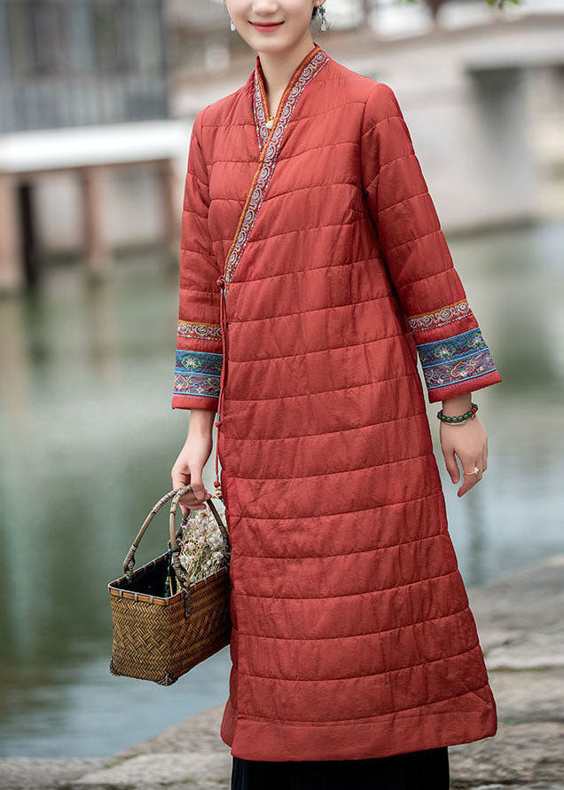 Vintage Red Embroideried Oriental Button Fine Cotton Filled Dress Winter - Down Jackets - DYAVOR®