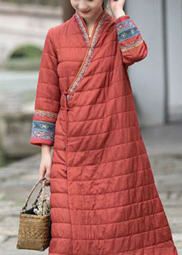 Vintage Red Embroideried Oriental Button Fine Cotton Filled Dress Winter - Down Jackets - DYAVOR®
