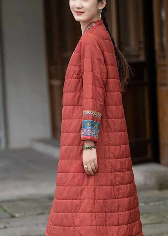Vintage Red Embroideried Oriental Button Fine Cotton Filled Dress Winter - Down Jackets - DYAVOR®