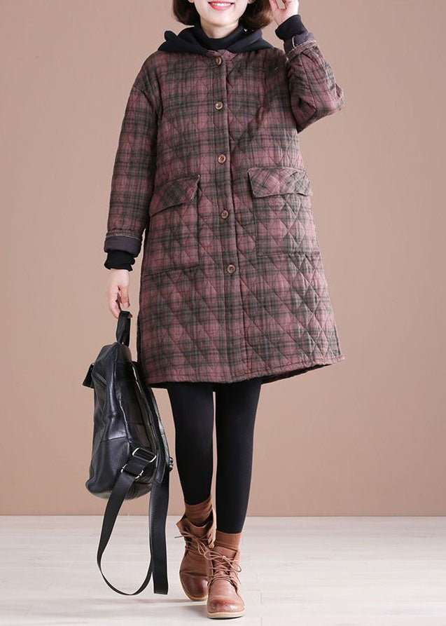 Vintage Red Hooded Plaid Side Open Fine Cotton Filled Jacket In Winter - Down Jackets - DYAVOR®