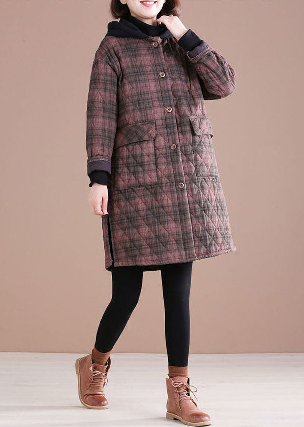 Vintage Red Hooded Plaid Side Open Fine Cotton Filled Jacket In Winter - Down Jackets - DYAVOR®