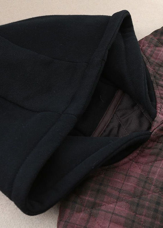 Vintage Red Hooded Plaid Side Open Fine Cotton Filled Jacket In Winter - Down Jackets - DYAVOR®