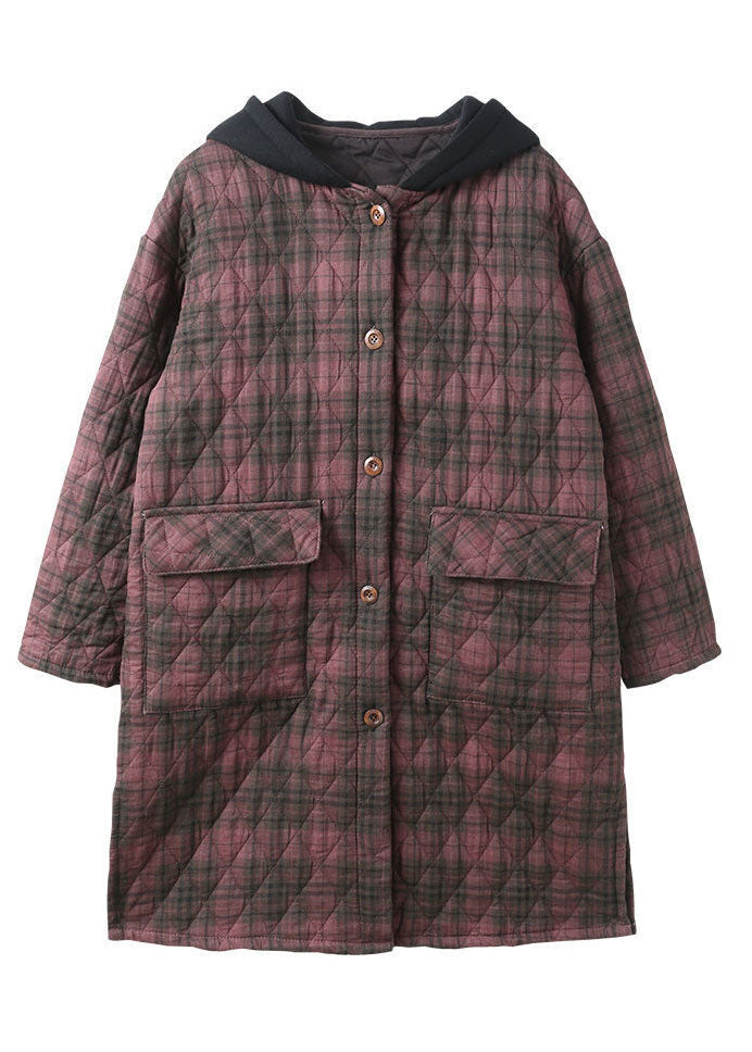 Vintage Red Hooded Plaid Side Open Fine Cotton Filled Jacket In Winter - Down Jackets - DYAVOR®