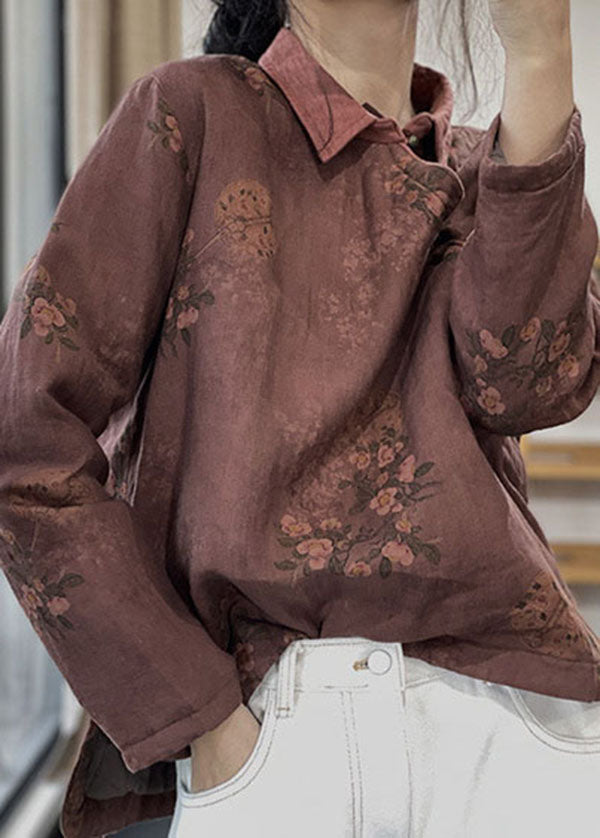 Vintage Red Peter Pan Collar Print Cotton Filled Linen Shirt Tops Winter - Down Jackets - DYAVOR®
